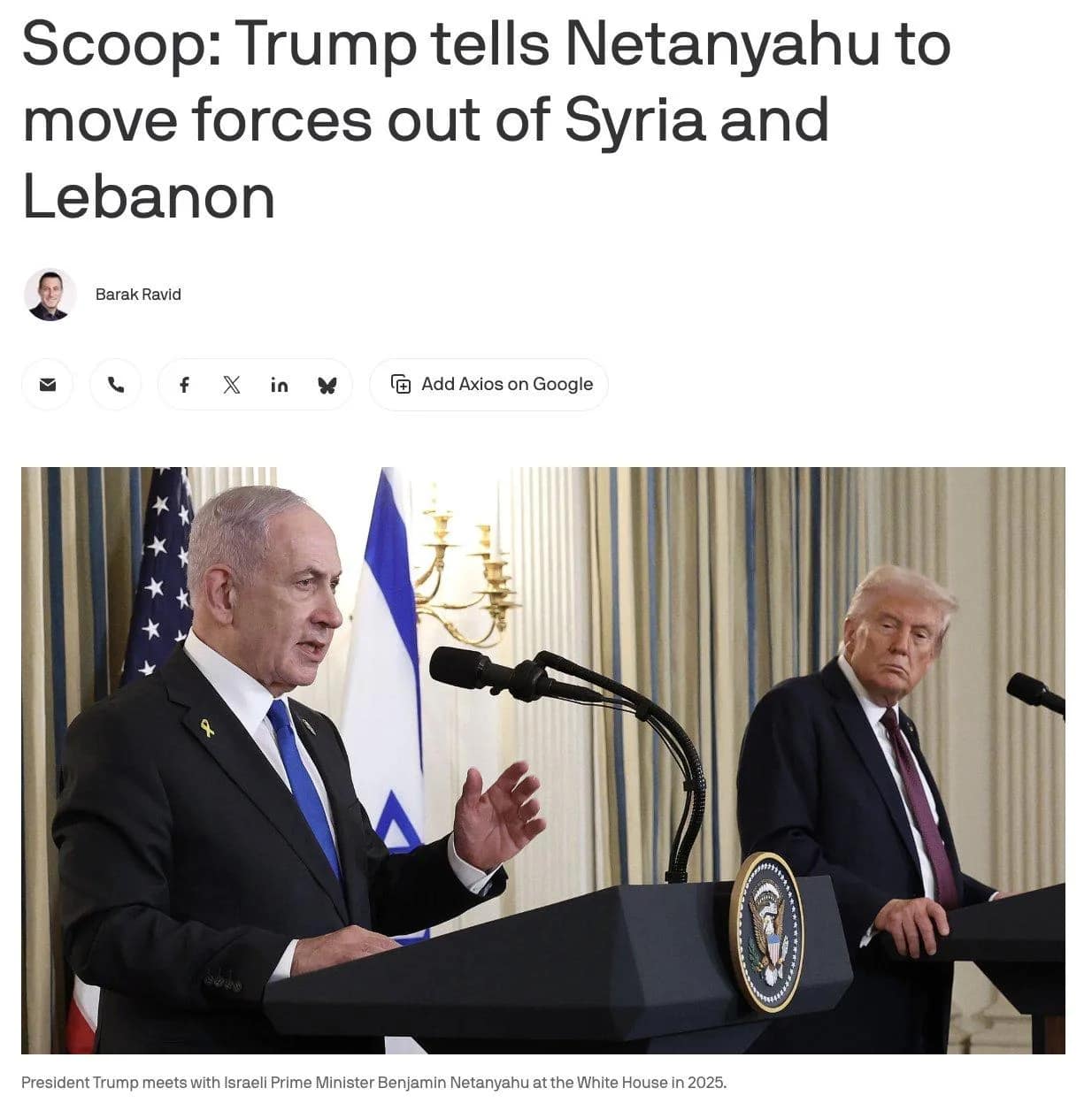 Donald Trump aurait demandé à Benjamin Netanyahou de retirer Tsahal de Syrie et du Liban