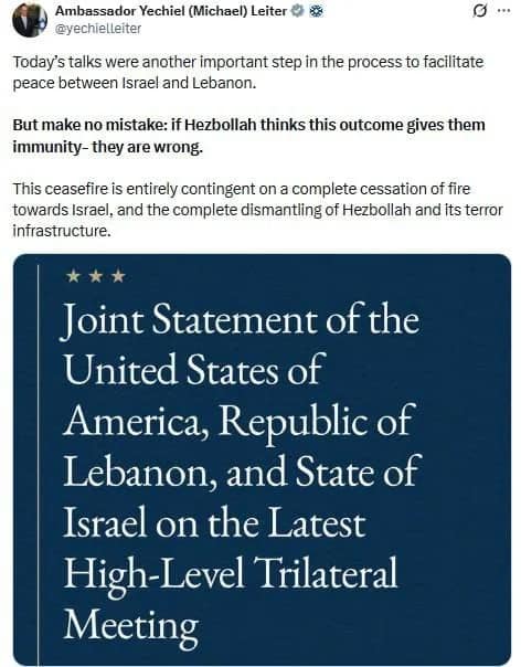 Les États-Unis annoncent la mise en œuvre d'un cessez-le-feu complet entre Israël et le Liban