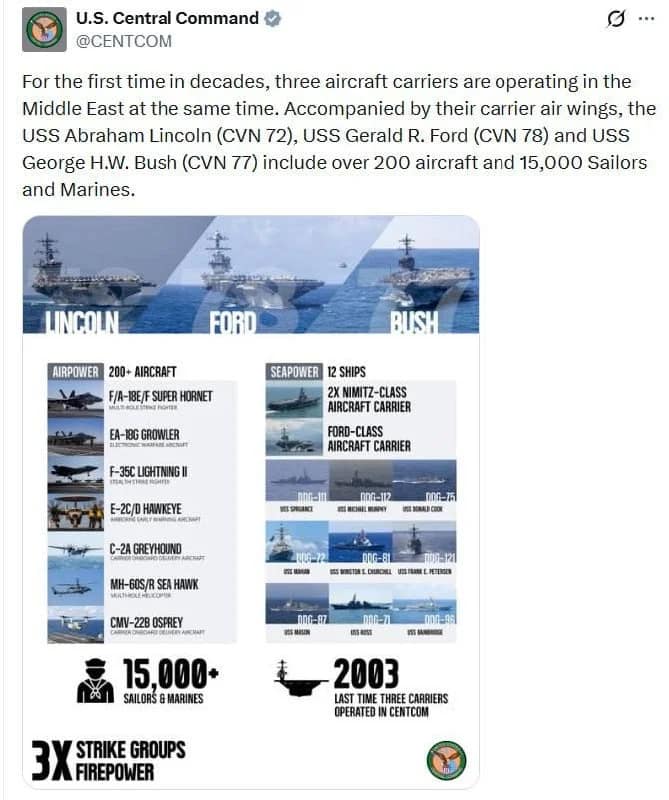 Les trois porte-avions américains opèrent simultanément au Moyen-Orient, premier déploiement en 3 décennies