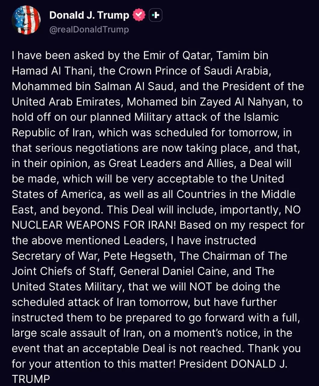 Trump reporte une frappe prévue contre l'Iran à la demande des Émirats, Arabie Saoudite et Qatar